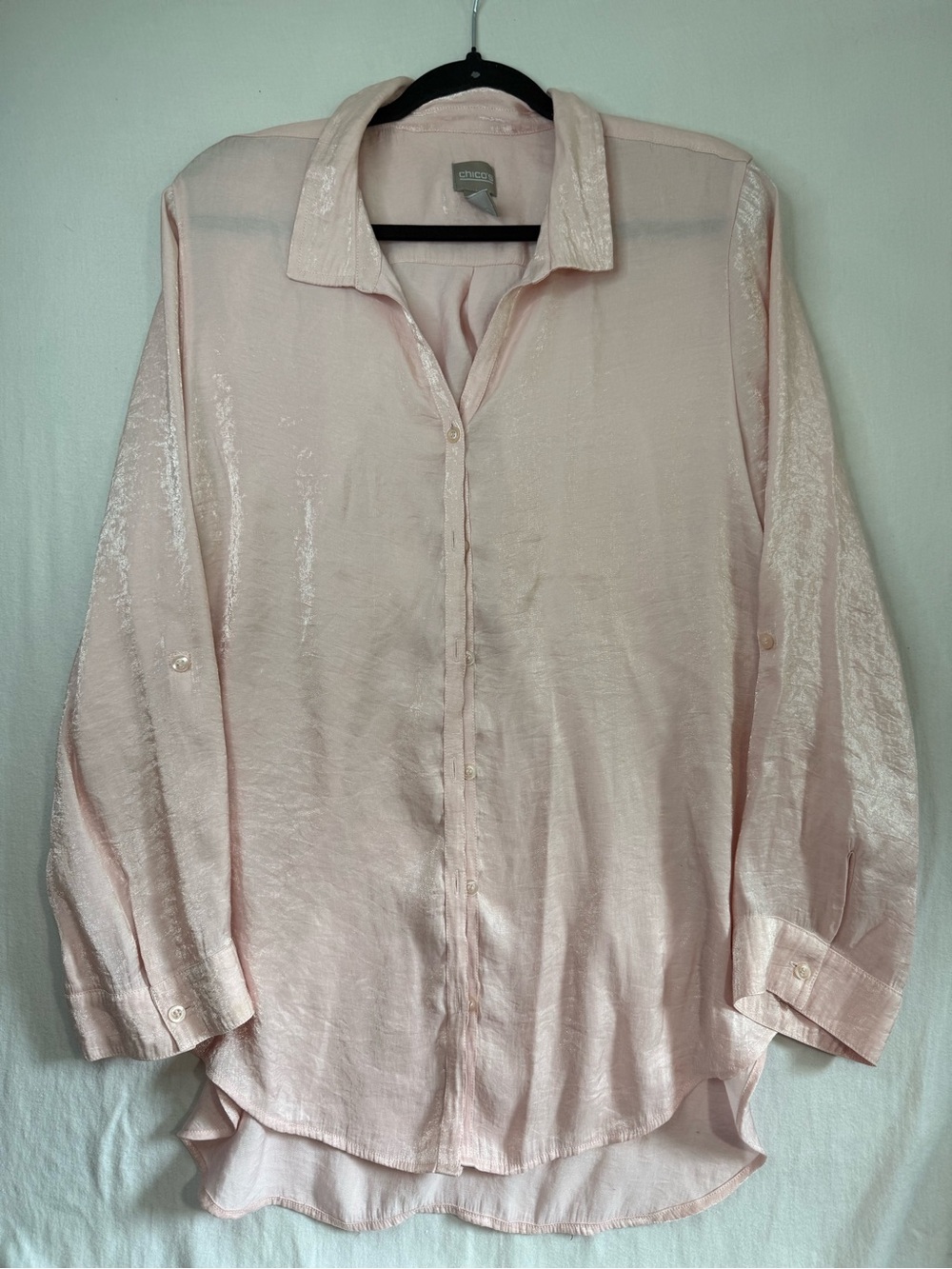 Women’s Chicos Soft Pink Satin Button-Up Blouse Size 3 or XL
